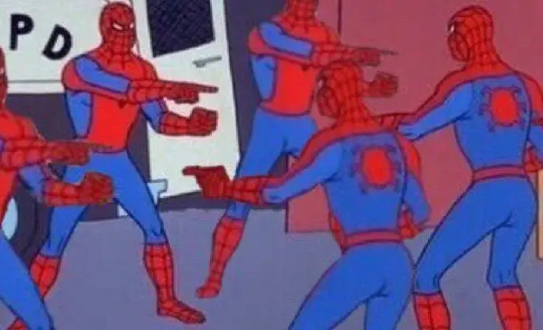 Spidermen meme with multiple spidermen pointing at each other