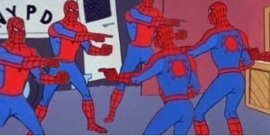 Spidermen pointing to each other